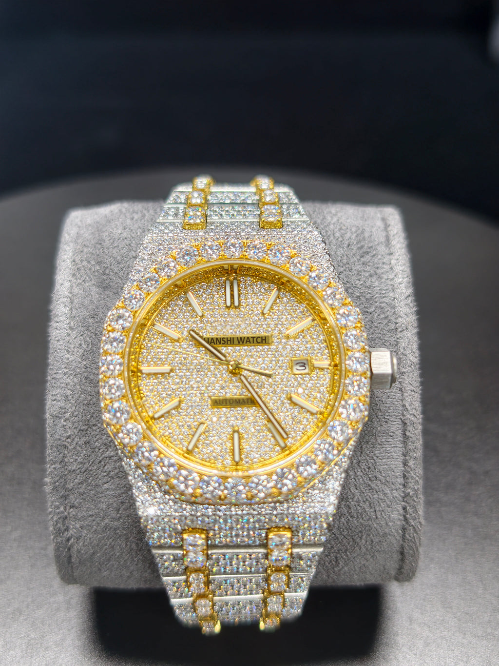 Hip Hop High Quality APT Gold Roman Luminous Pointer Real Moissanite Iced Mechanical Auto Movement Mechanical Watch