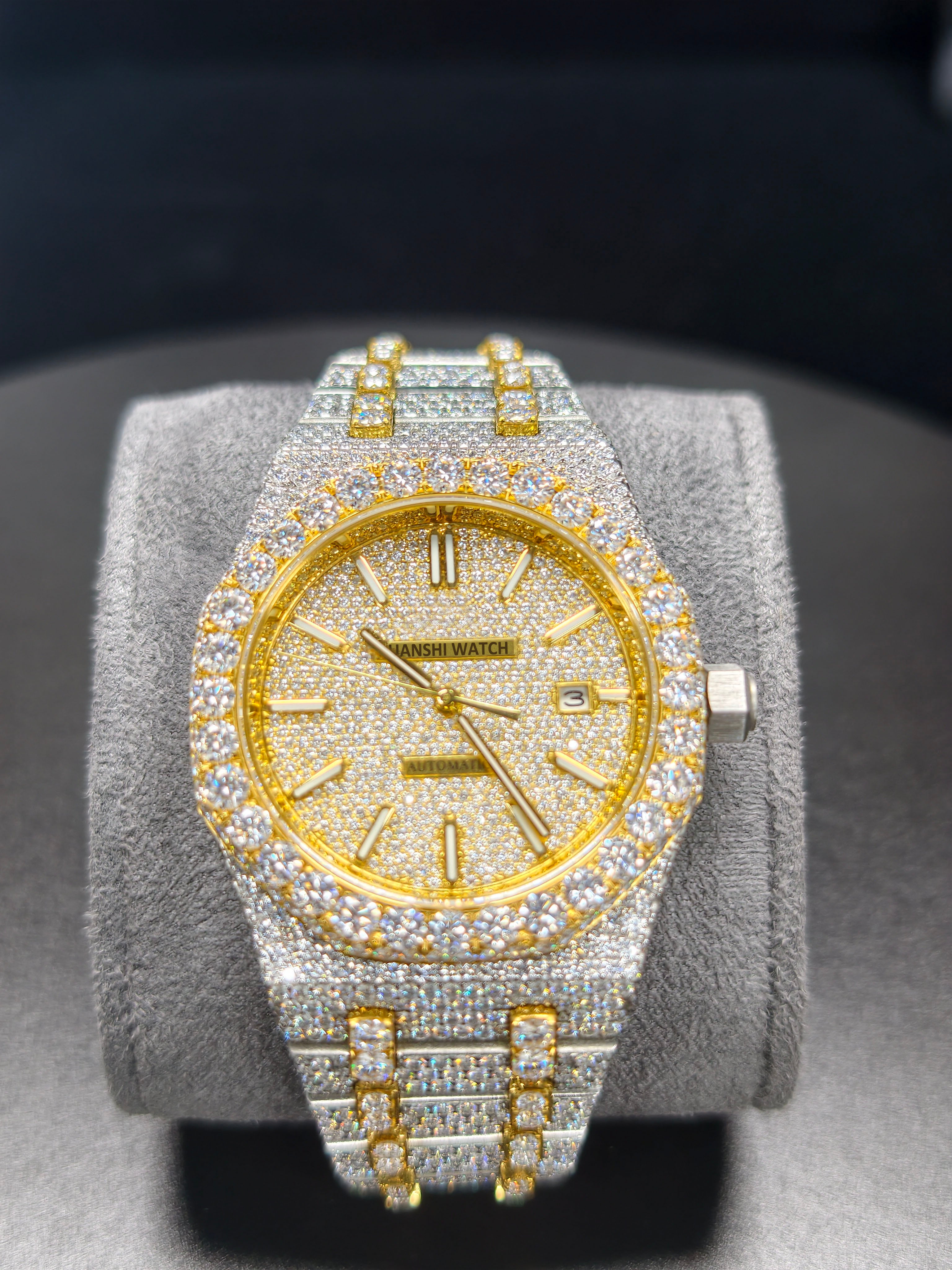 Hip Hop High Quality APT Gold Roman Luminous Pointer Real Moissanite Iced Mechanical Auto Movement Mechanical Watch