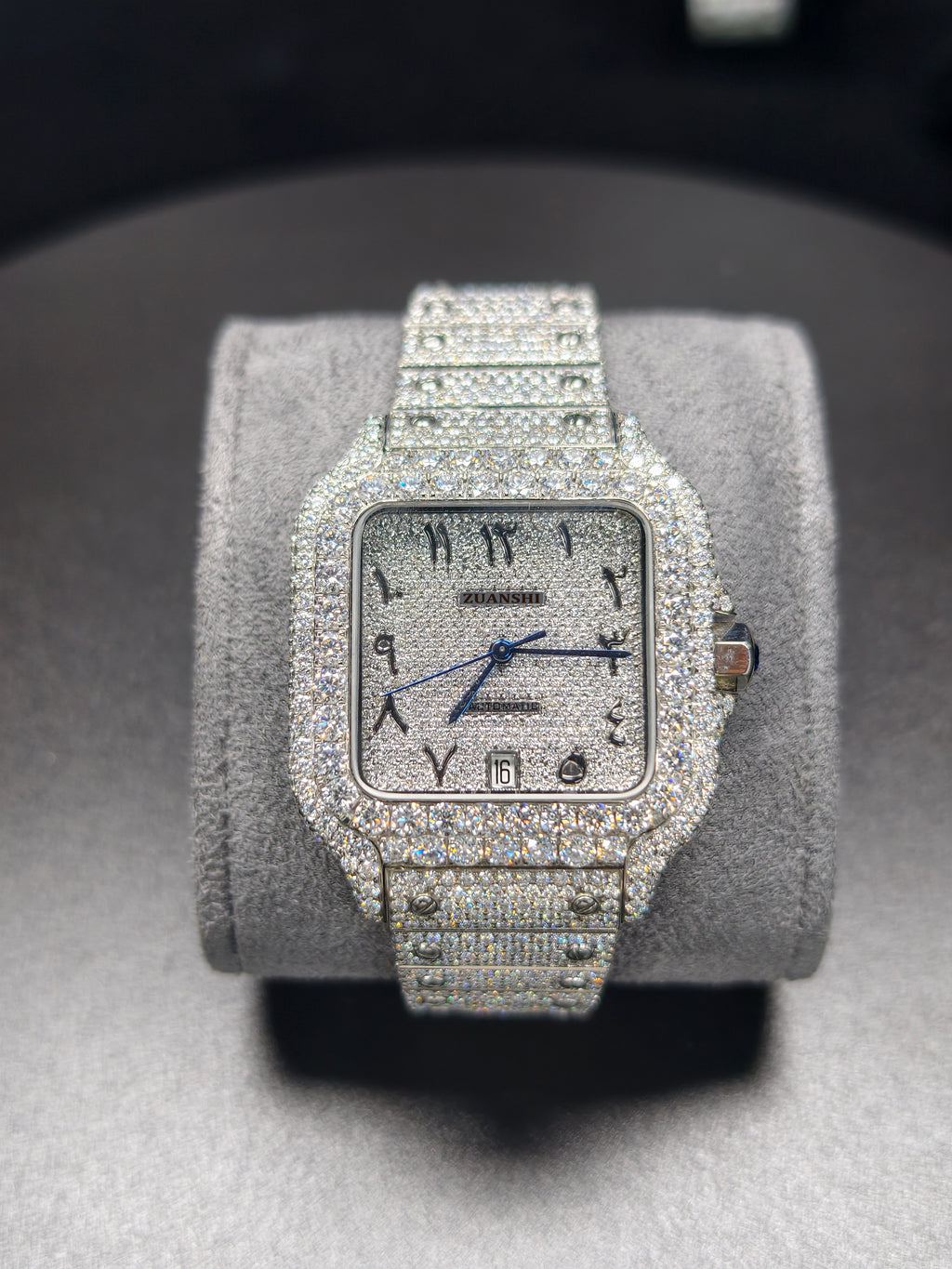 Hip Hop High Quality    Silver Arabic  Pointer Real Moissanite Iced Mechanical Auto Movement Mechanical Watch