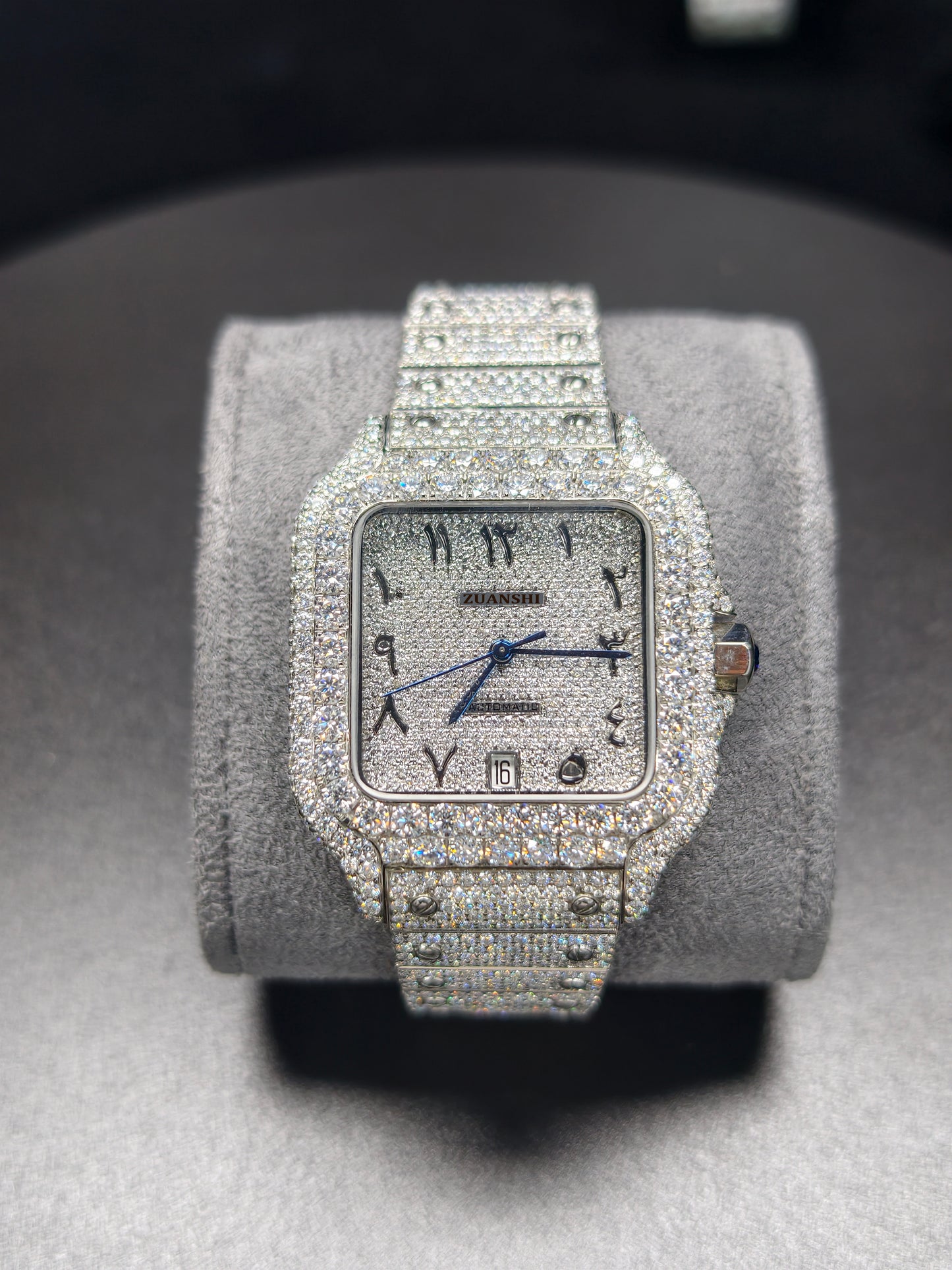 Hip Hop High Quality    Silver Arabic  Pointer Real Moissanite Iced Mechanical Auto Movement Mechanical Watch