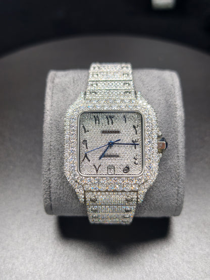 Hip Hop High Quality    Silver Arabic  Pointer Real Moissanite Iced Mechanical Auto Movement Mechanical Watch