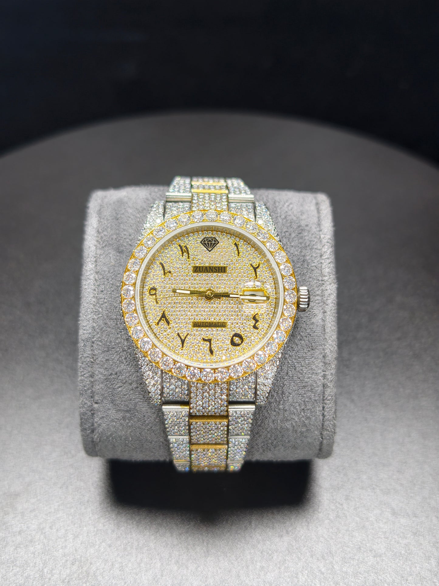 Luxury ROL Gold Arabic Dial Stailess Steel Band Iced Out Moissanite Men's Watch