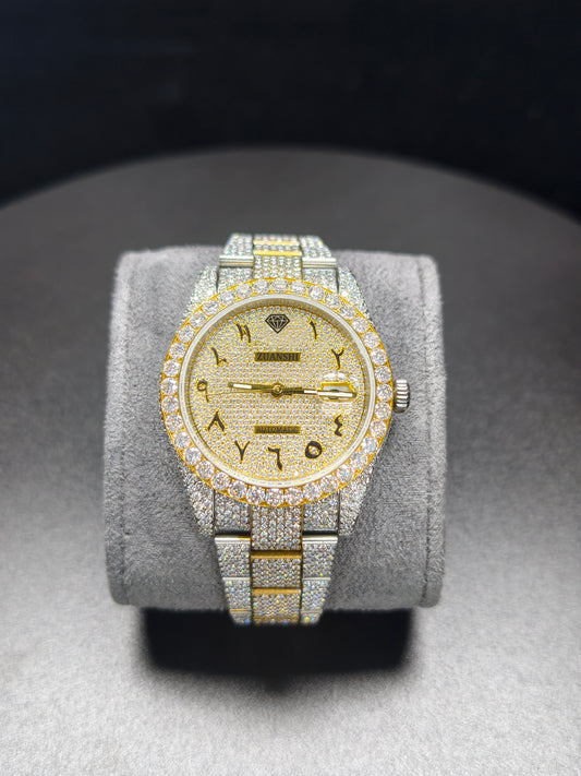 Luxury ROL Gold Arabic Dial Stailess Steel Band Iced Out Moissanite Men's Watch