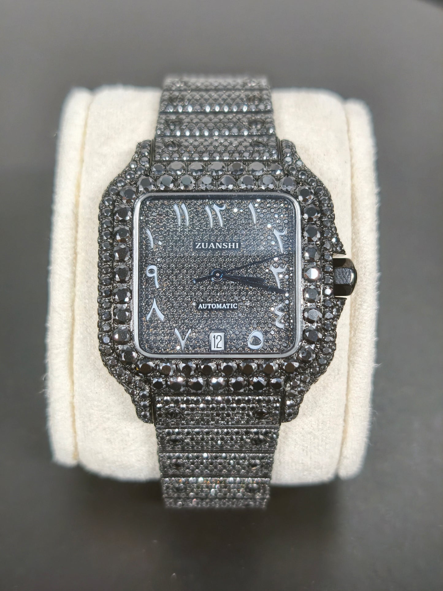 Hip Hop High Quality Black  Gold Arabic  Pointer Real Moissanite Iced Mechanical Auto Movement Mechanical Watch