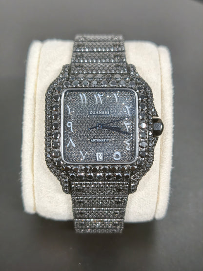 Hip Hop High Quality Black  Gold Arabic  Pointer Real Moissanite Iced Mechanical Auto Movement Mechanical Watch