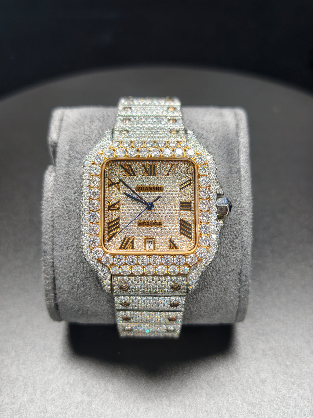 Hip Hop High Quality Rose  Gold Roman  Pointer Real Moissanite Iced Mechanical Auto Movement Mechanical Watch