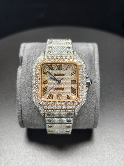 Hip Hop High Quality Rose  Gold Roman  Pointer Real Moissanite Iced Mechanical Auto Movement Mechanical Watch