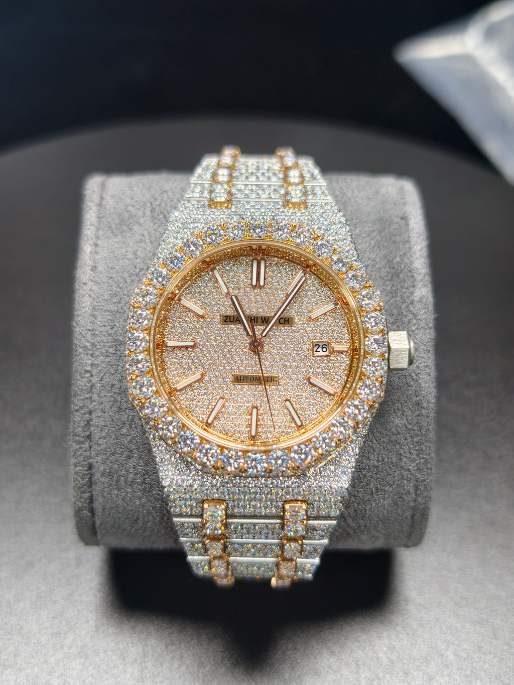 Hip Hop High Quality APT Rose Gold Roman Luminous Pointer Real Moissanite Iced Mechanical Auto Movement Mechanical Watch