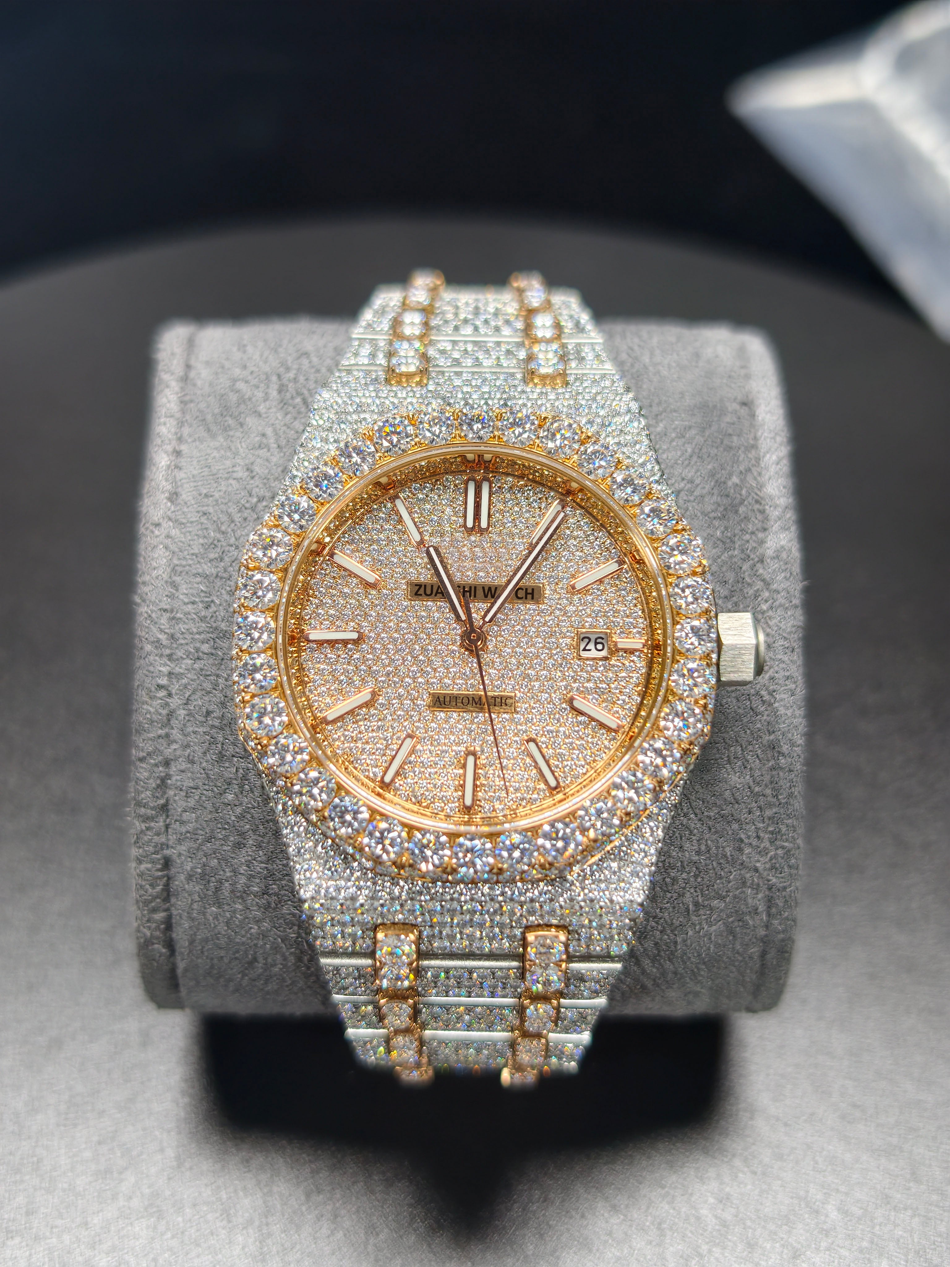 Hip Hop High Quality APT Rose Gold Roman Luminous Pointer Real Moissanite Iced Mechanical Auto Movement Mechanical Watch