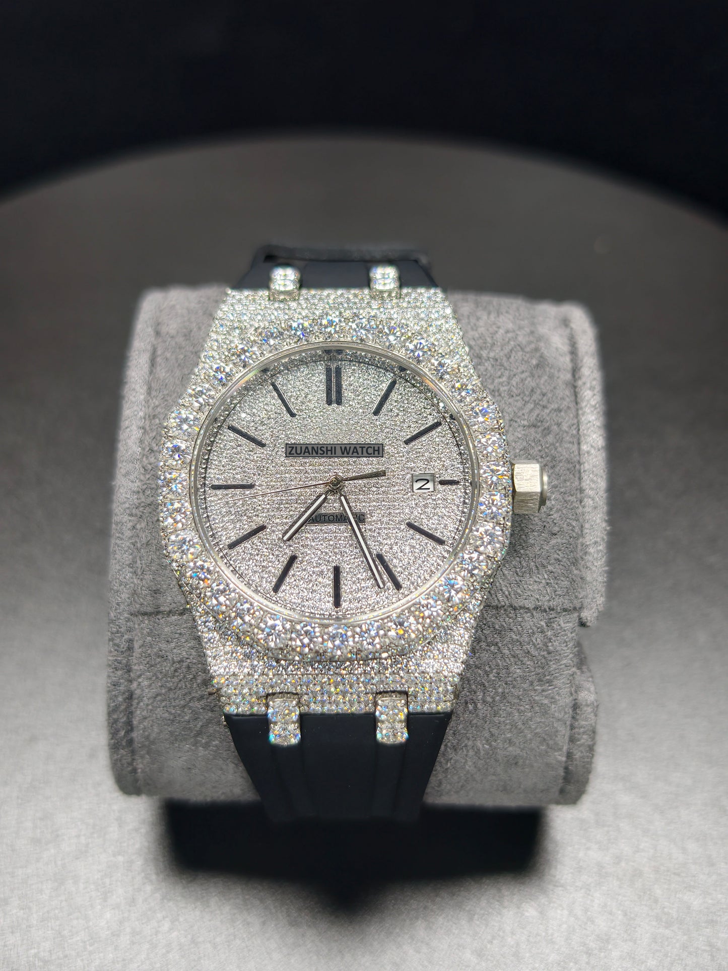 Luxury Hip Hop APT Silver Arabic Dial Rubber Band Moissanite Iced Out Men's Watch
