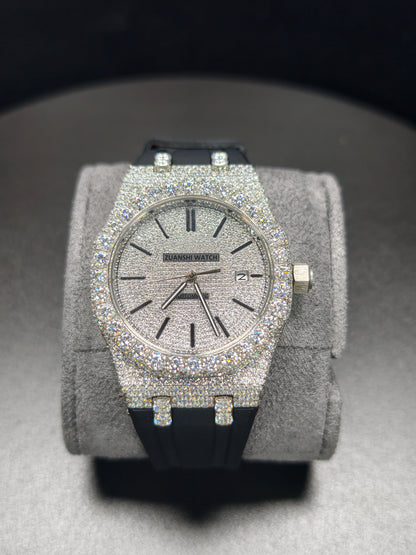 Luxury Hip Hop APT Silver Arabic Dial Rubber Band Moissanite Iced Out Men's Watch