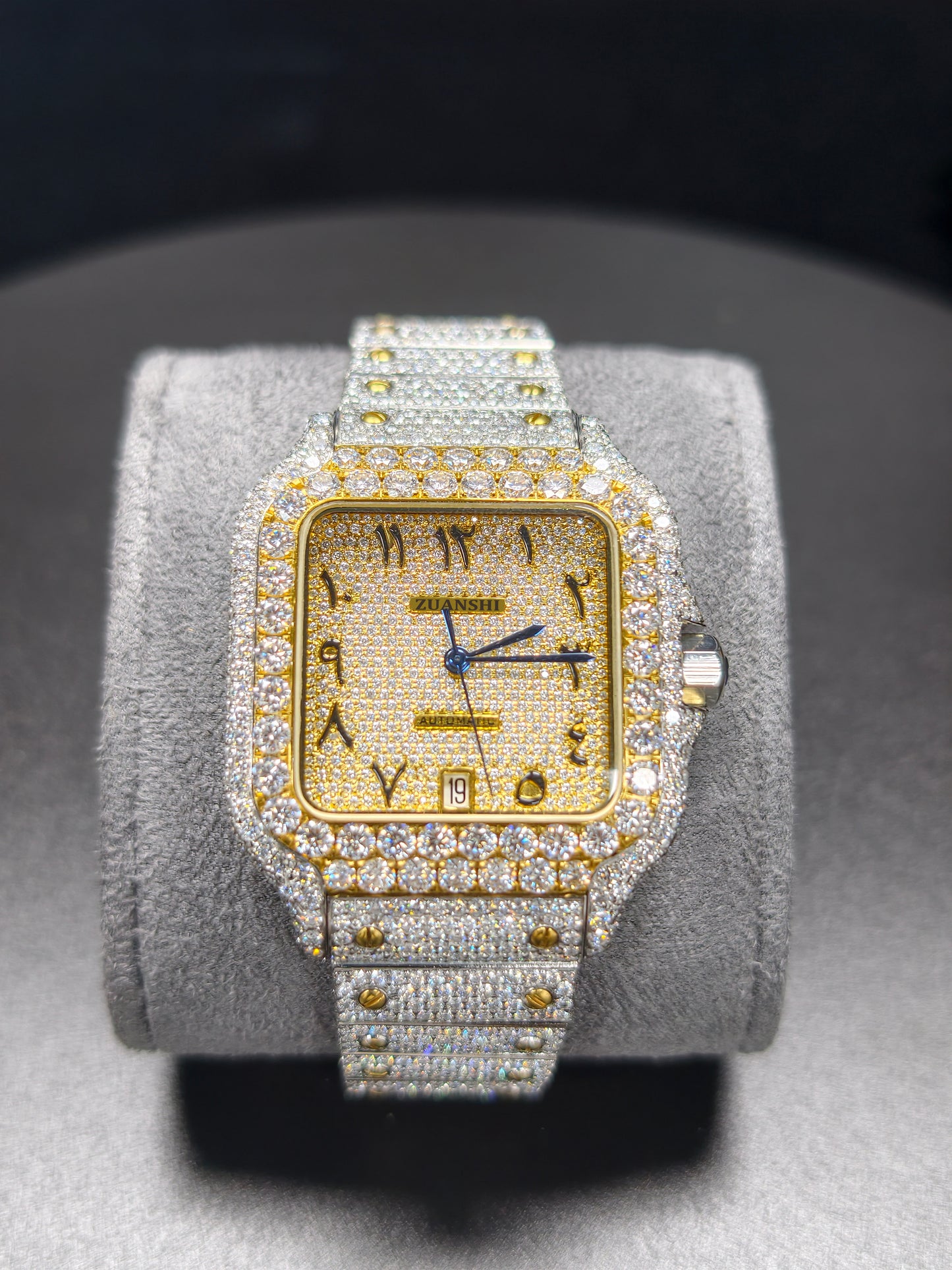 Hip Hop High Quality   Gold Arabic  Pointer Real Moissanite Iced Mechanical Auto Movement Mechanical Watch