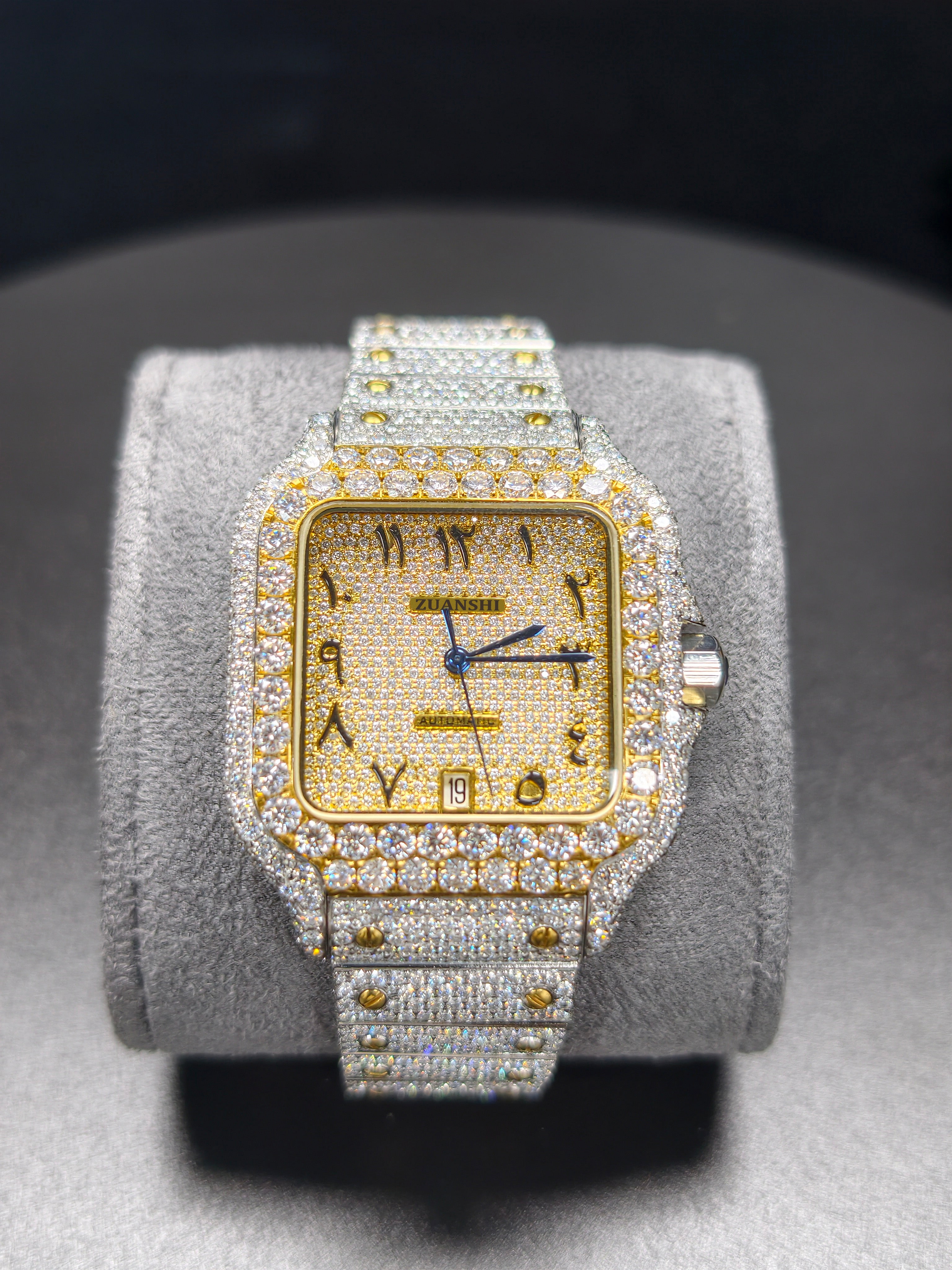 Hip Hop High Quality   Gold Arabic  Pointer Real Moissanite Iced Mechanical Auto Movement Mechanical Watch