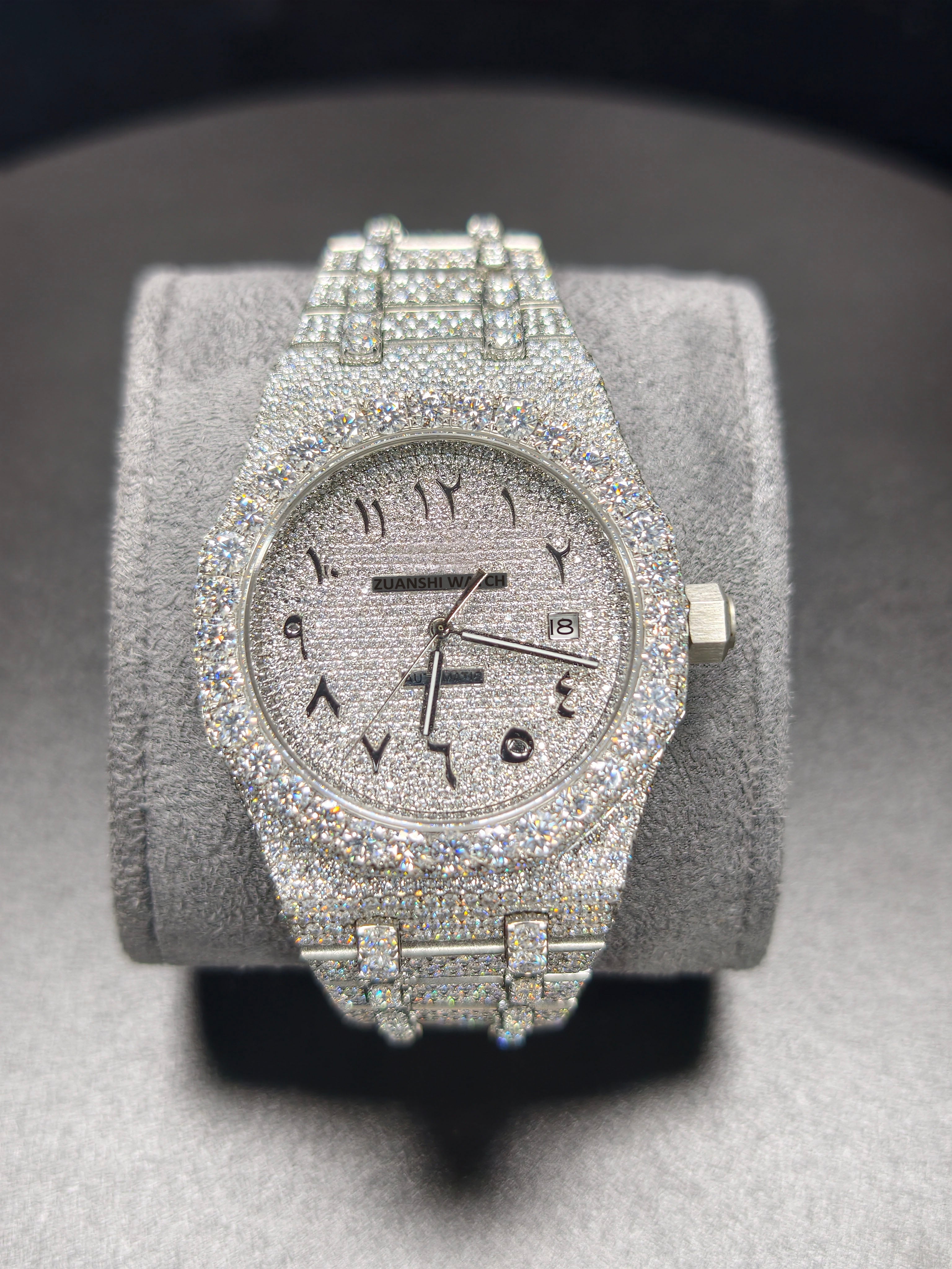 Luxury Hip Hop APT Silver Arabic Dial Stailess Steel Band Moissanite Iced Out Men's Watch
