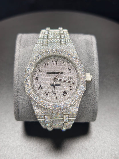 Luxury Hip Hop APT Silver Arabic Dial Stailess Steel Band Moissanite Iced Out Men's Watch