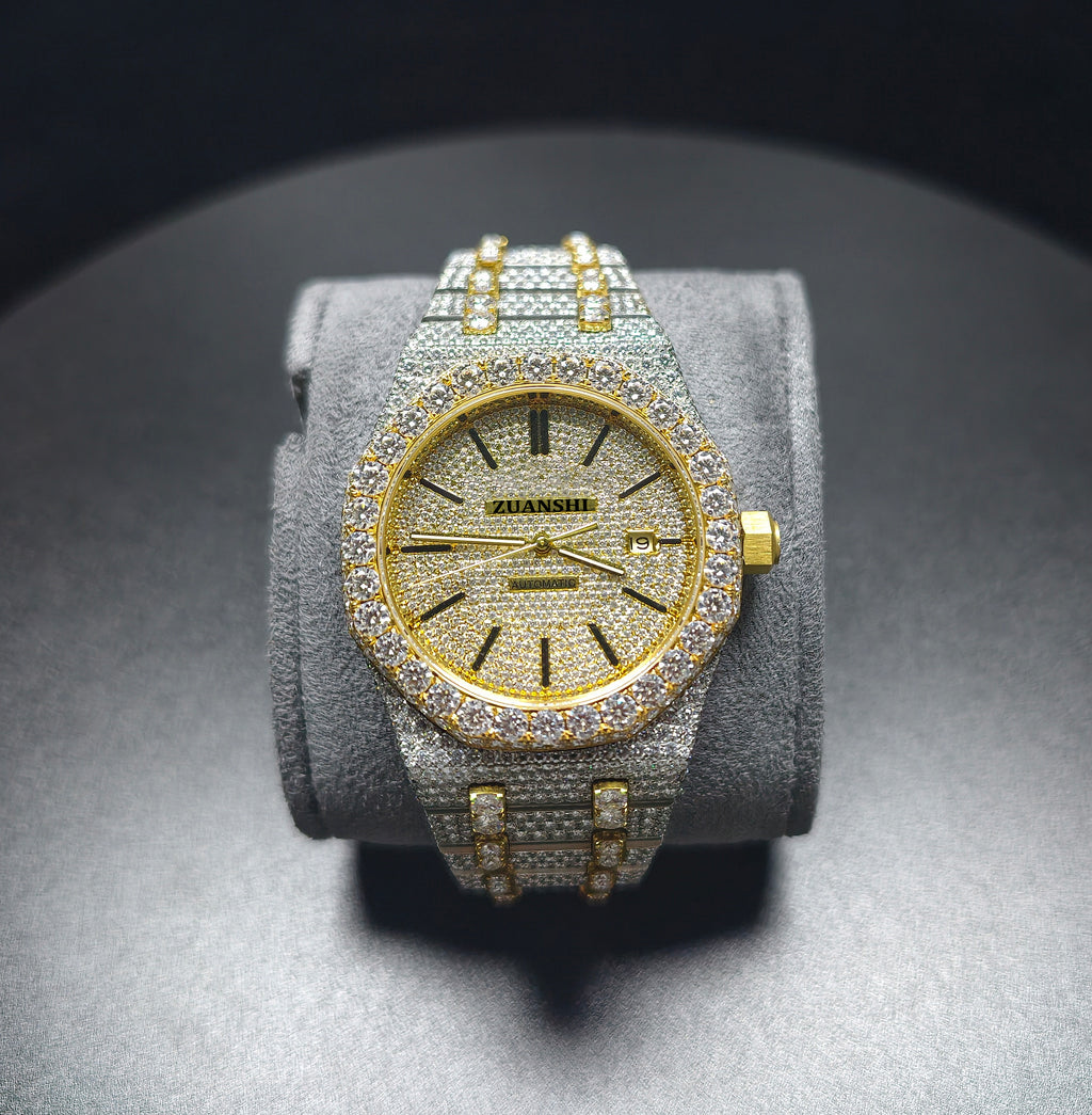Hip Hop High Quality APT Gold Roman  Pointer Real Moissanite Iced Mechanical Auto Movement Mechanical Watch