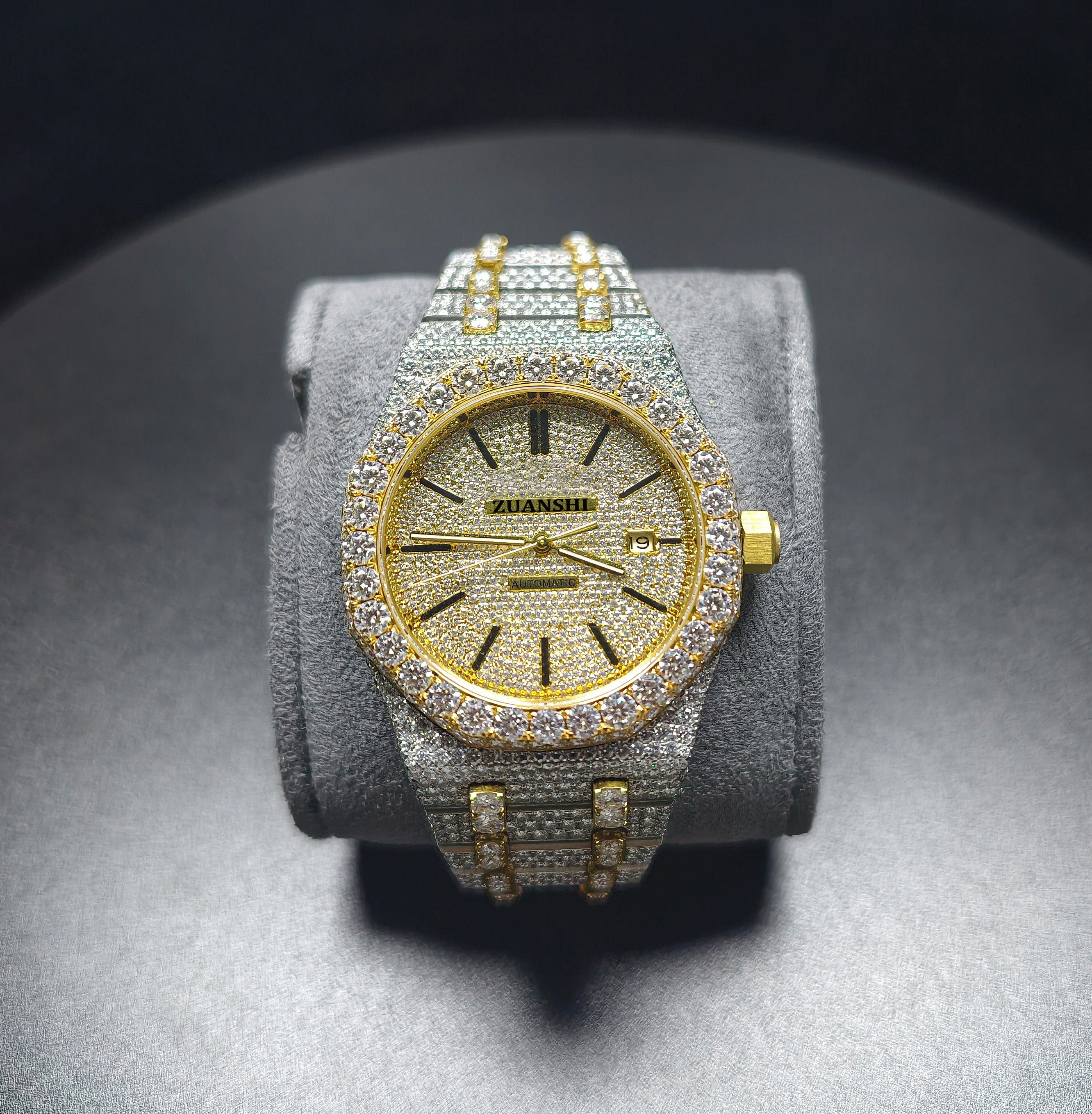 Hip Hop High Quality APT Gold Roman  Pointer Real Moissanite Iced Mechanical Auto Movement Mechanical Watch