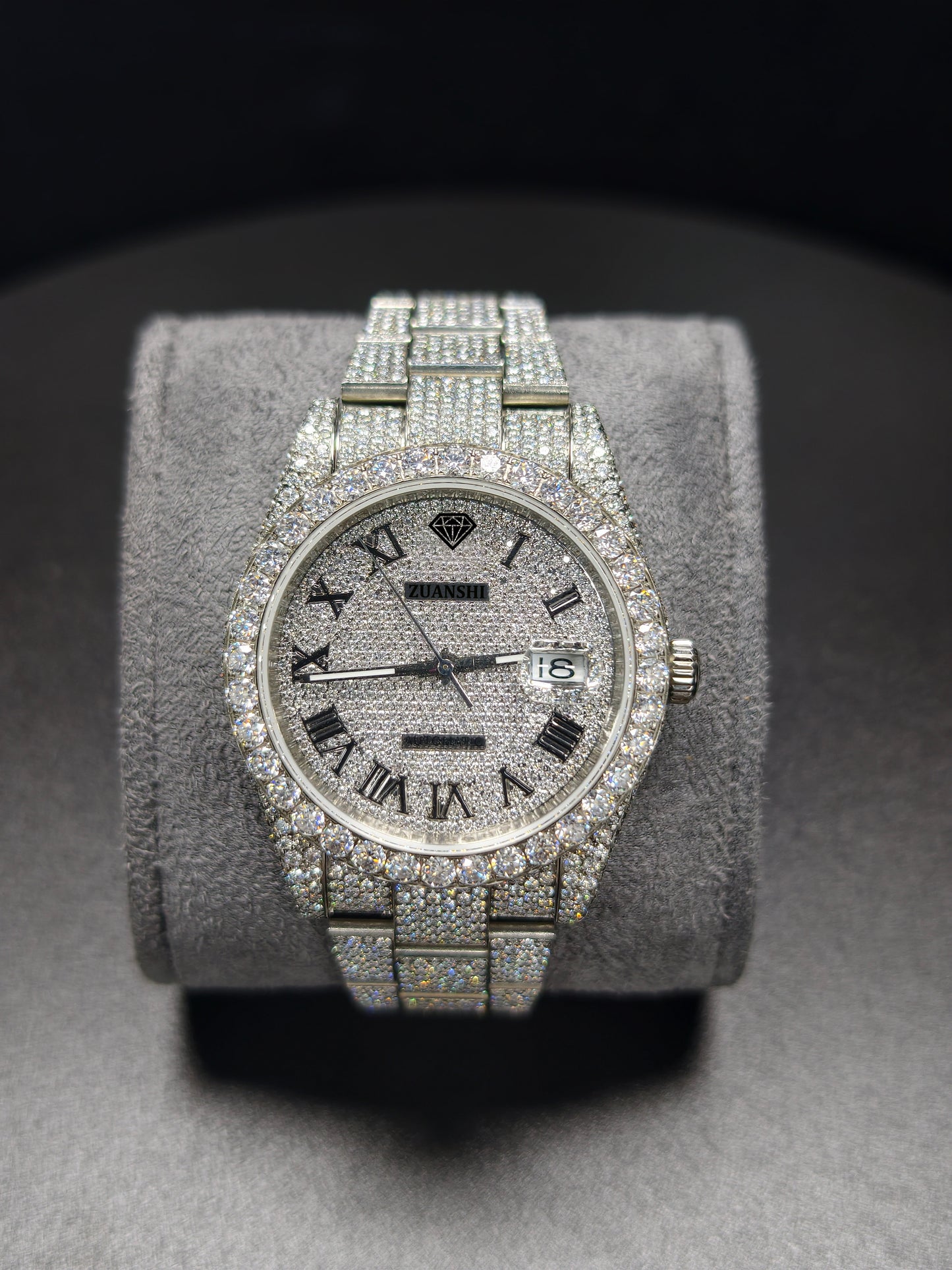 Luxury ROL Silver Roman Dial Stailess Steel Band Iced Out Moissanite Men's Watch