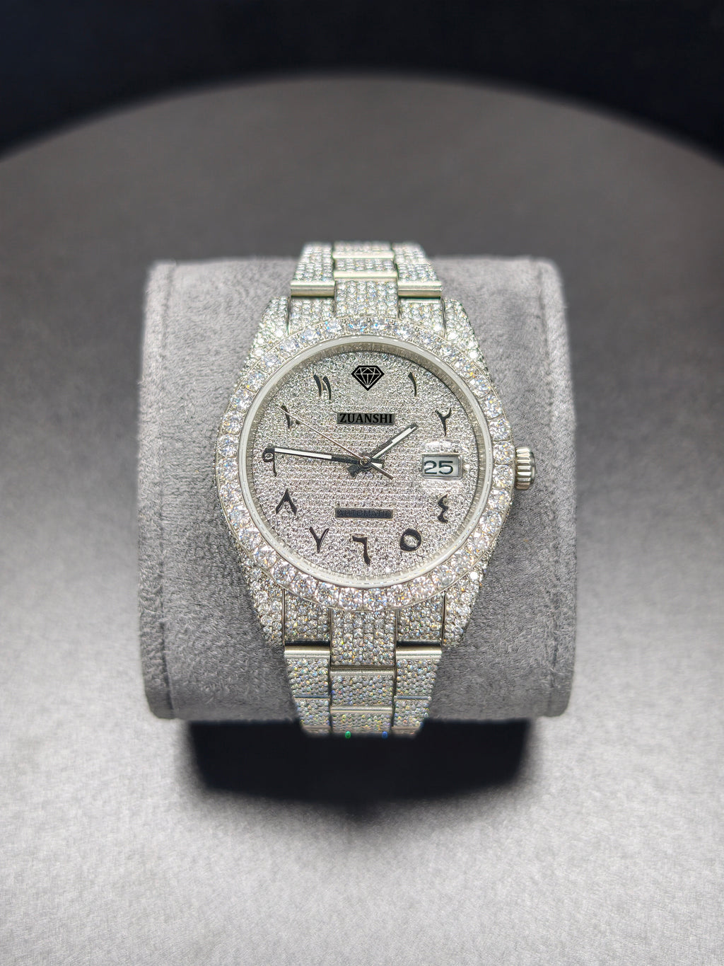 Luxury ROL Silver Arabic Dial Stailess Steel Band Iced Out Moissanite Men's Watch