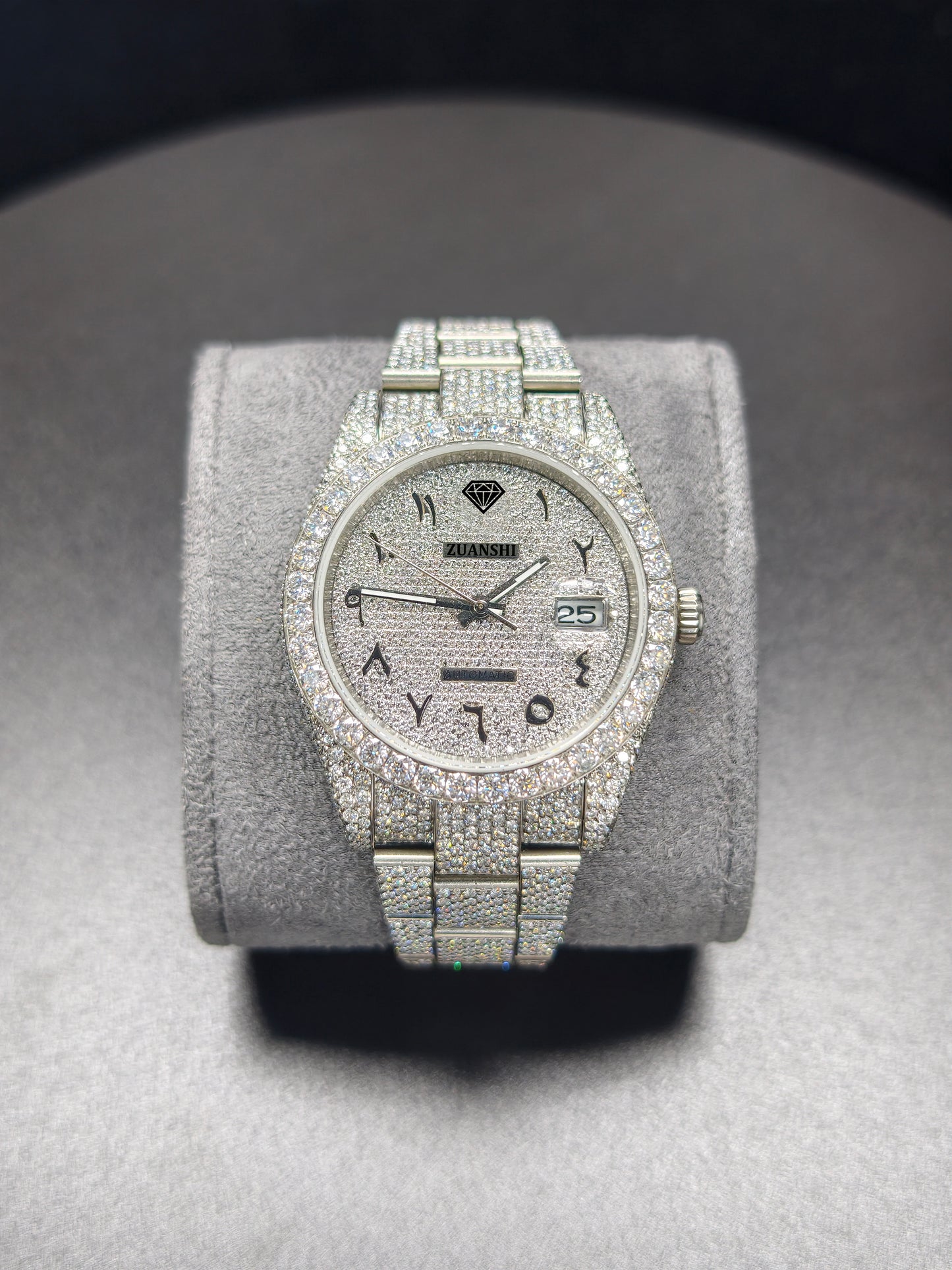 Luxury ROL Silver Arabic Dial Stailess Steel Band Iced Out Moissanite Men's Watch