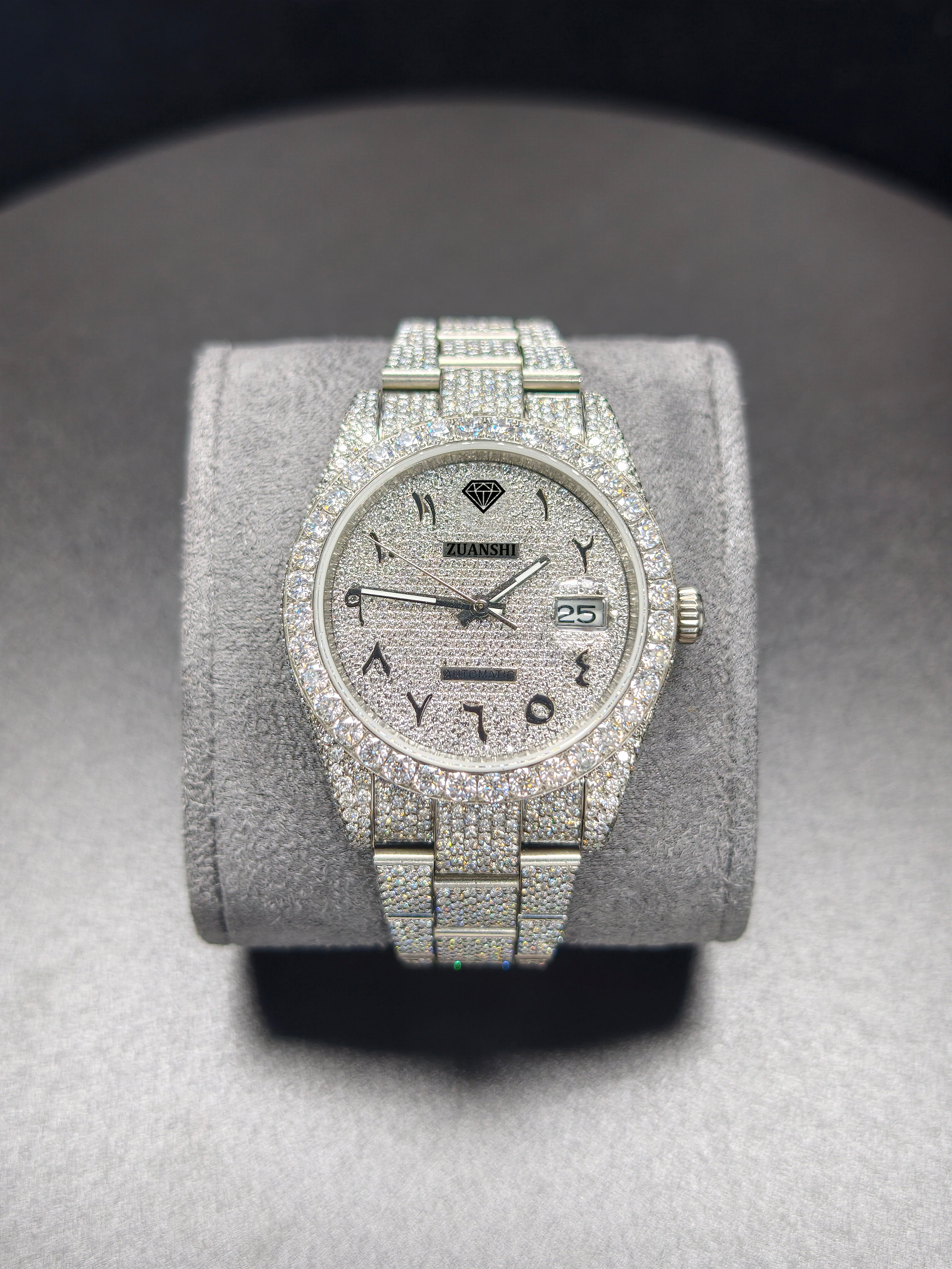 Luxury ROL Silver Arabic Dial Stailess Steel Band Iced Out Moissanite Men's Watch