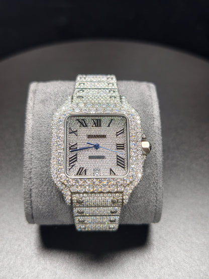 Hip Hop High Quality   Silver Roman  Pointer Real Moissanite Iced Mechanical Auto Movement Mechanical Watch