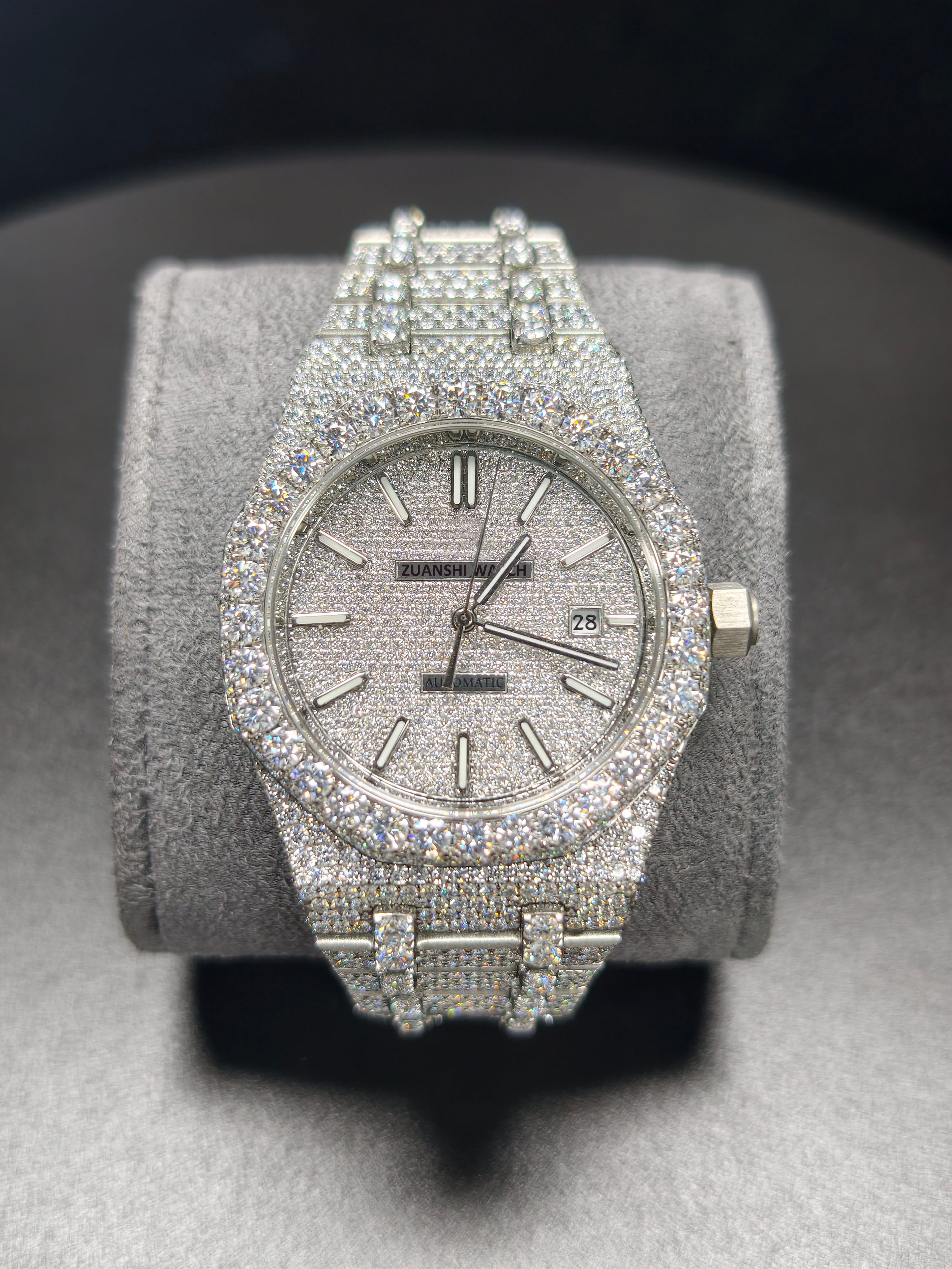 Luxury Hip Hop High Quality Luminous Pointer APT Silver Roman Pointer Real Moissanite Iced Stainless Steel Mechanical Auto