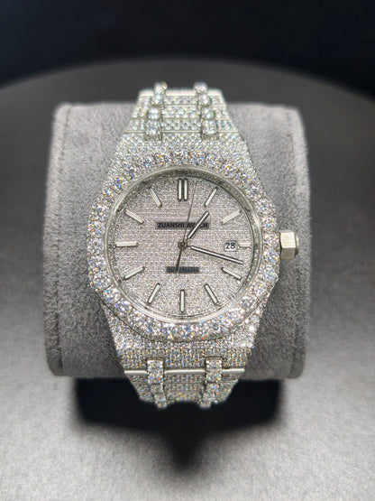 APT Silver Roman Luminous Dial Iced Out Moissanite Luxury Men's Watch