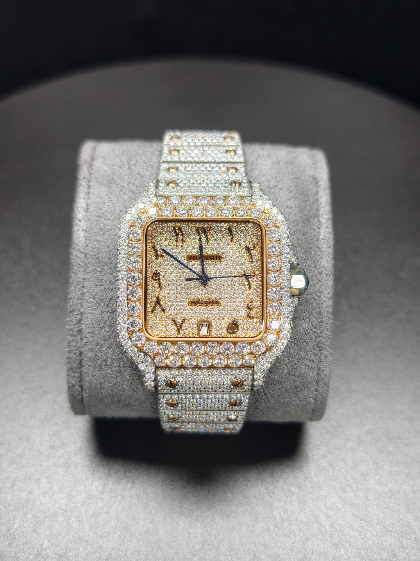 Hip Hop High Quality Rose  Gold Arabic  Pointer Real Moissanite Iced Mechanical Auto Movement Mechanical Watch