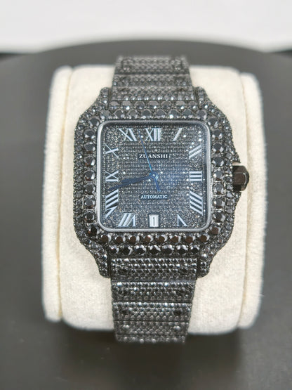 Hip Hop High Quality Black  Gold Roman  Pointer Real Moissanite Iced Mechanical Auto Movement Mechanical Watch