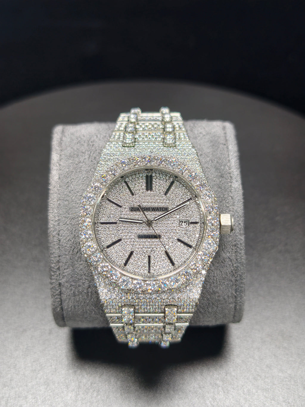 Luxury Hip Hop High Quality  APT Silver Roman Pointer Real Moissanite Iced Stainless Steel Mechanical Watch