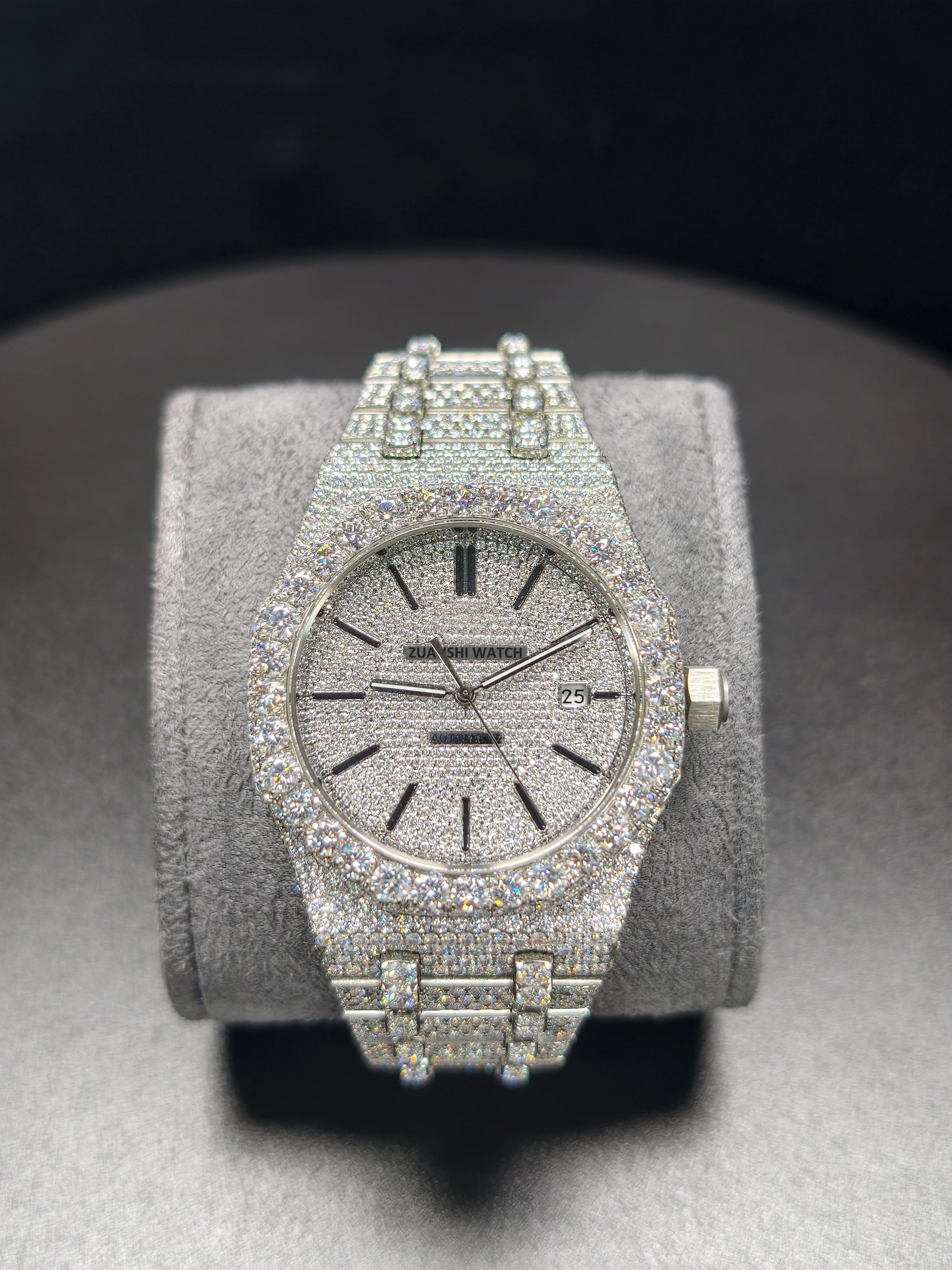 Luxury Hip Hop High Quality  APT Silver Roman Pointer Real Moissanite Iced Stainless Steel Mechanical Watch