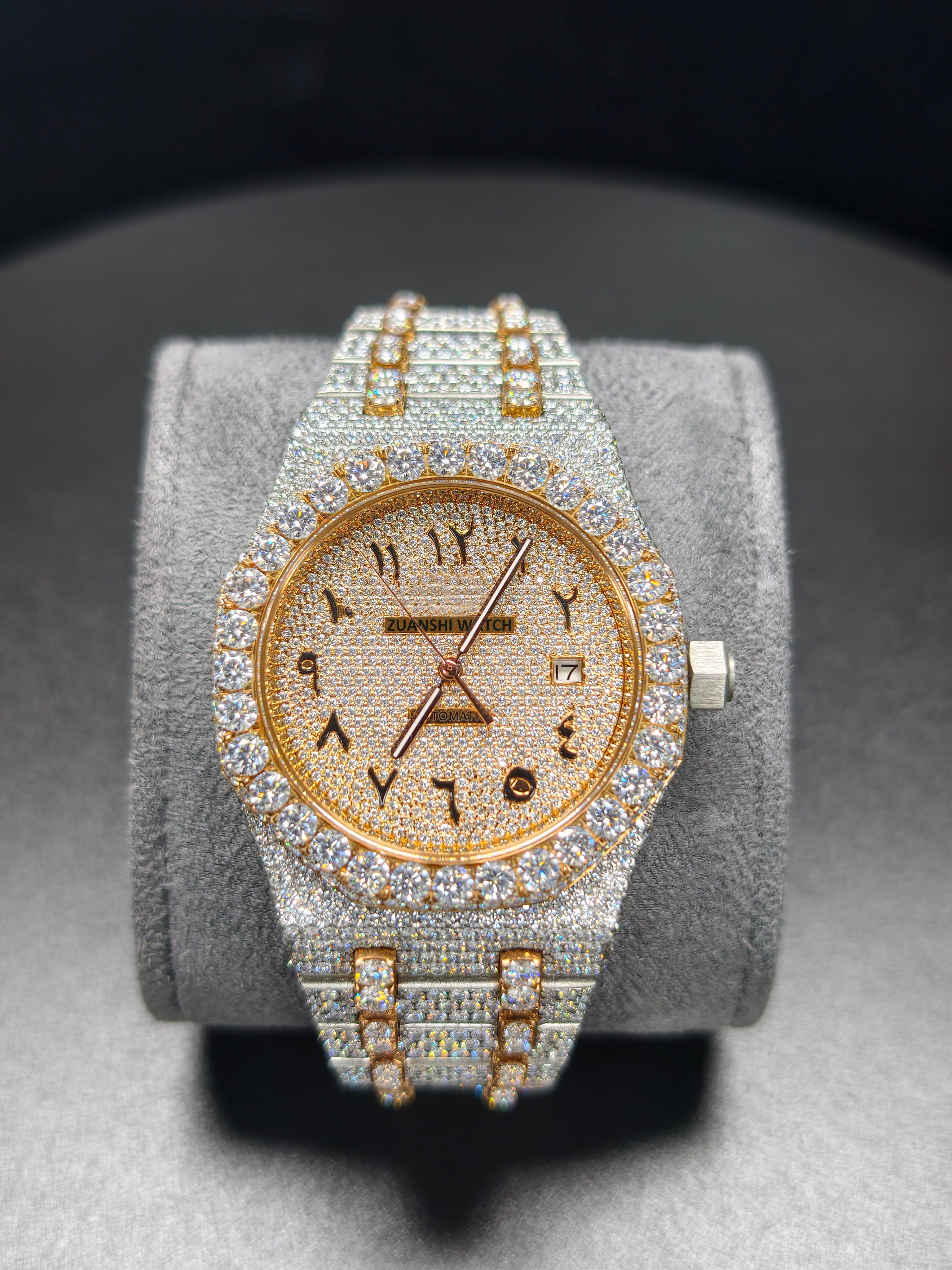 Luxury Hip Hop APT Rosegold Arabic Dial Stailess Steel Band Moissanite Iced Out Men's Watch