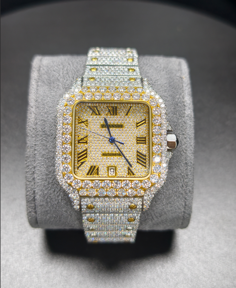 Hip Hop High Quality   Gold Roman  Pointer Real Moissanite Iced Mechanical Auto Movement Mechanical Watch