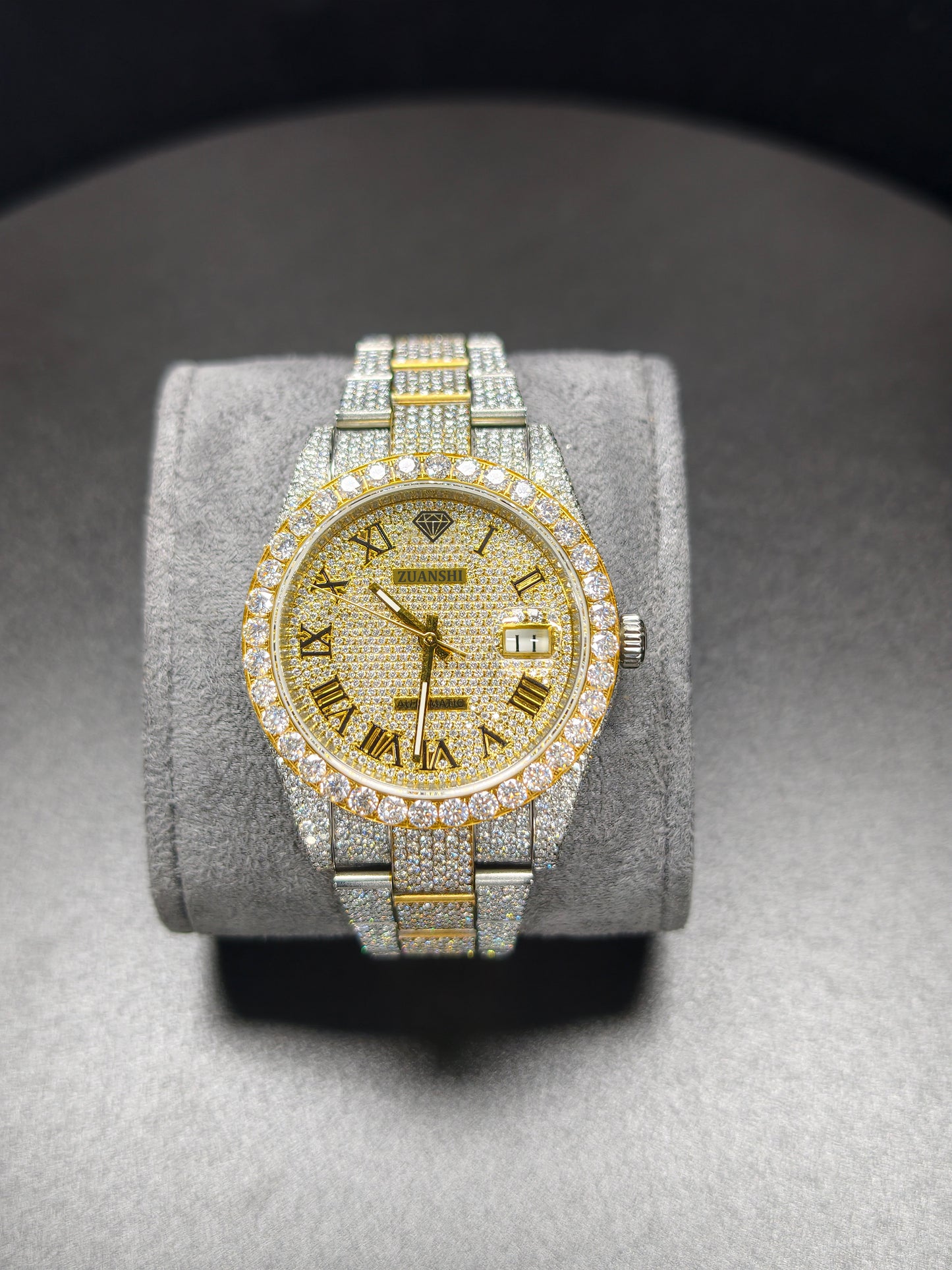Luxury ROL Gold Roman Dial Stailess Steel Band Iced Out Moissanite Men's Watch