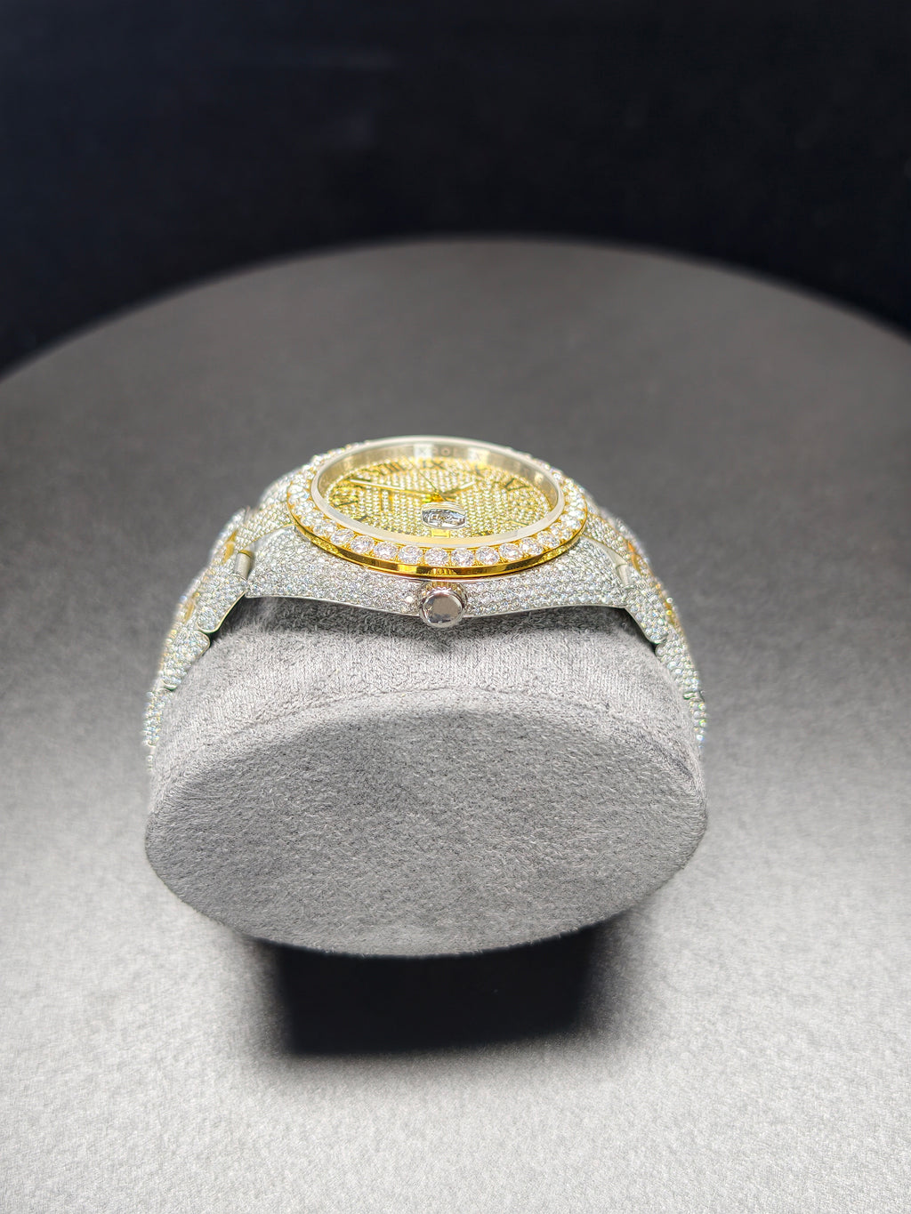 Luxury ROL Gold Roman Dial Stailess Steel Band Iced Out Moissanite Men's Watch