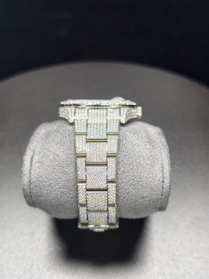 Luxury ROL Silver Roman Dial Stailess Steel Band Iced Out Moissanite Men's Watch