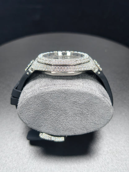 Luxury Hip Hop APT Silver Arabic Dial Rubber Band Moissanite Iced Out Men's Watch