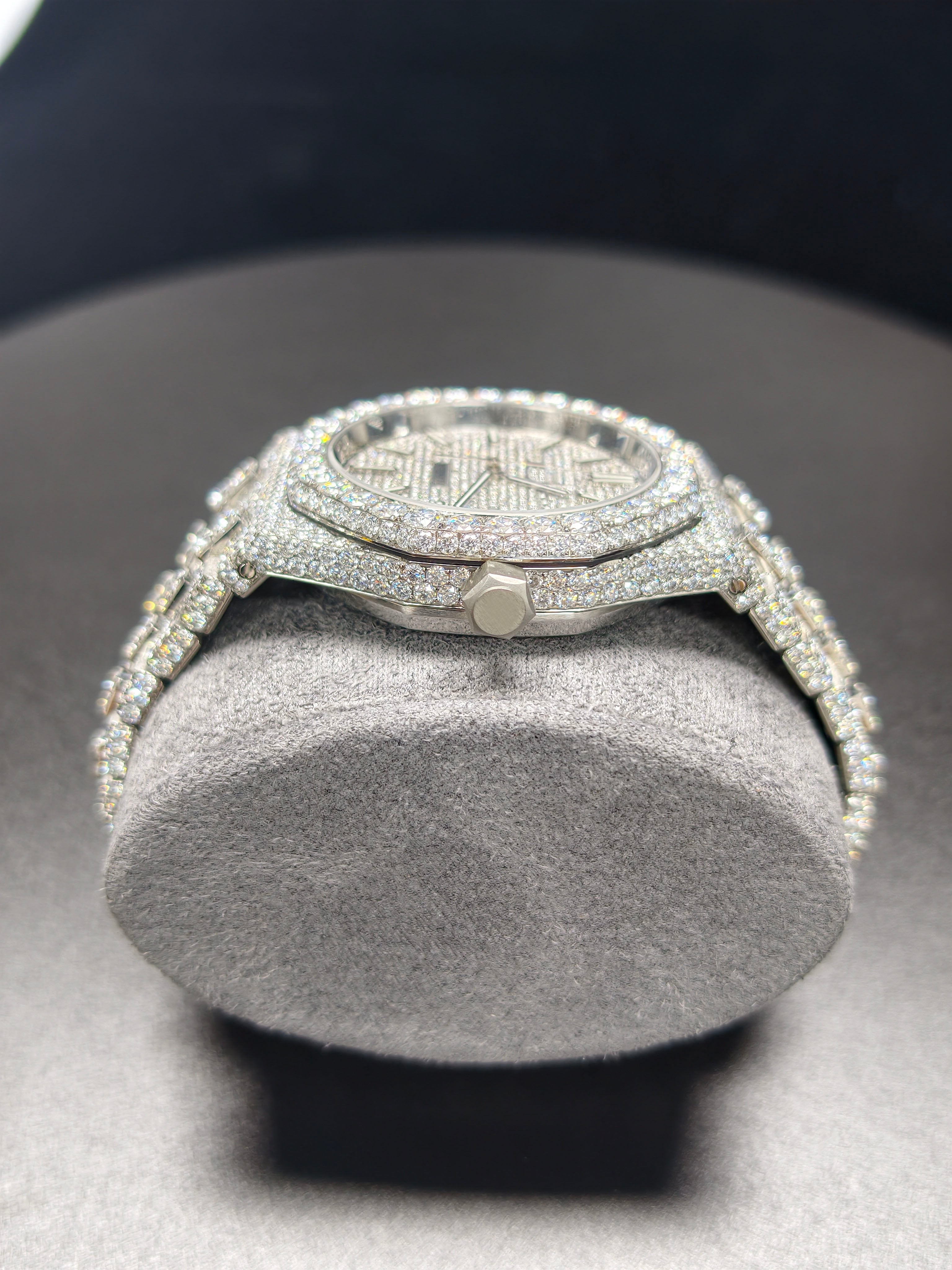 Luxury Hip Hop High Quality Luminous Pointer APT Silver Roman Pointer Real Moissanite Iced Stainless Steel Mechanical Auto